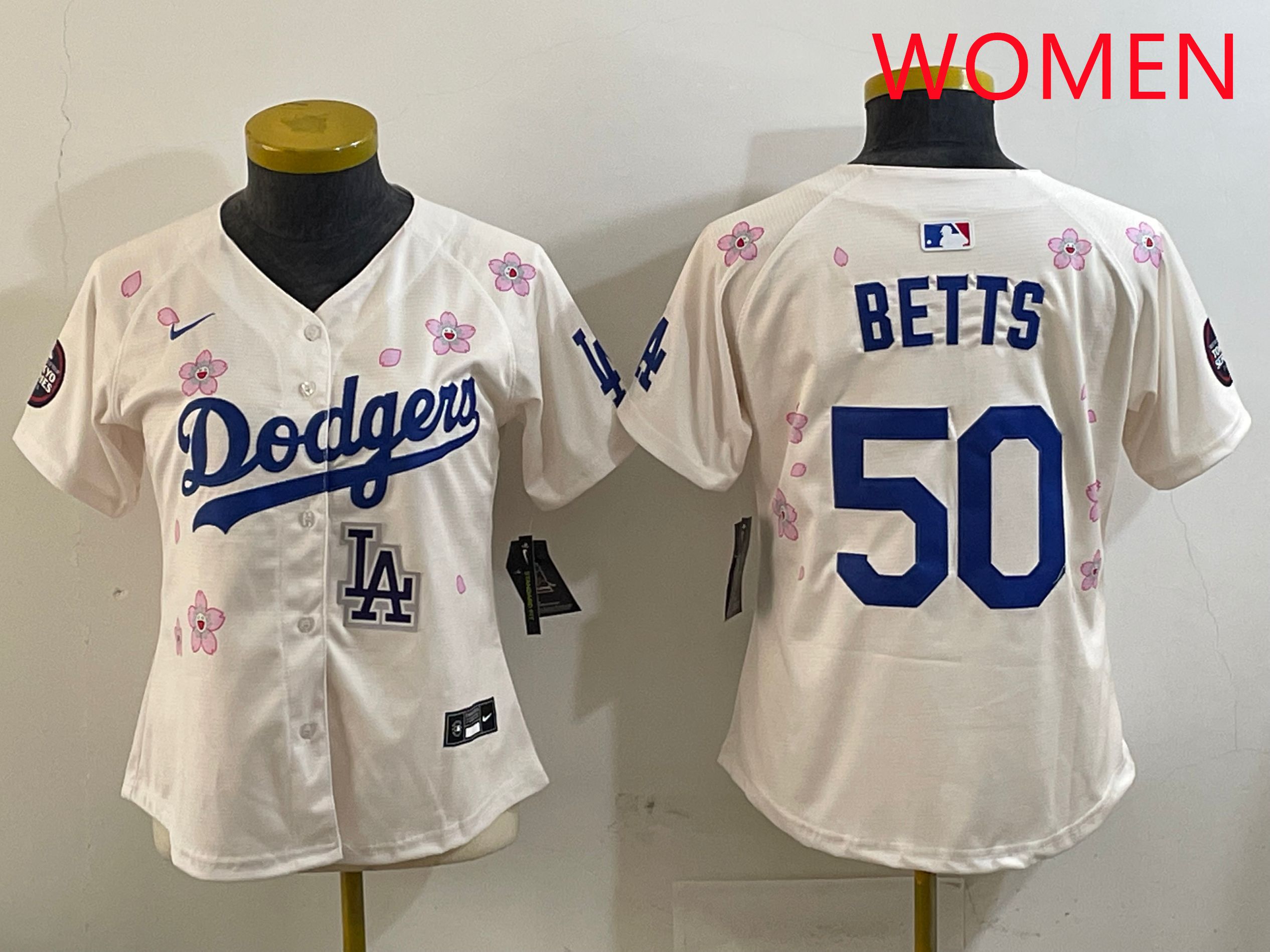 Women Los Angeles Dodgers #50 Betts Cream Sakura Edition 2025 Nike MLB Jersey style 9->women mlb jersey->Women Jersey